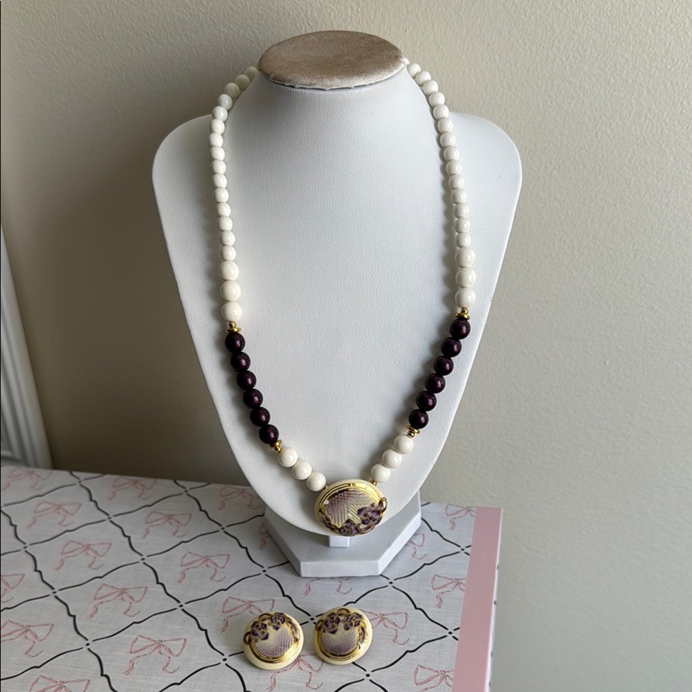 White and Purple Beaded Necklace with Matching Earrings made in Japan